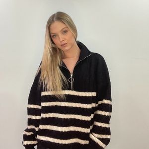Black Striped Pullover Half Zip-up Sweater